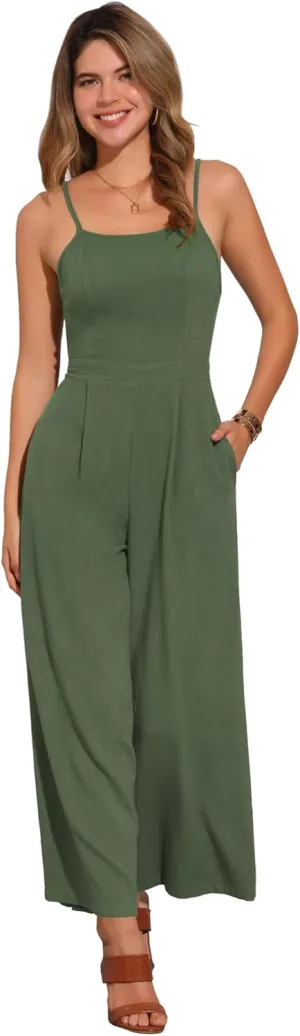 Allegra K Linen Jumpsuits for Women's Casual Spaghetti Strap Sleeveless Wide Legs Rompers