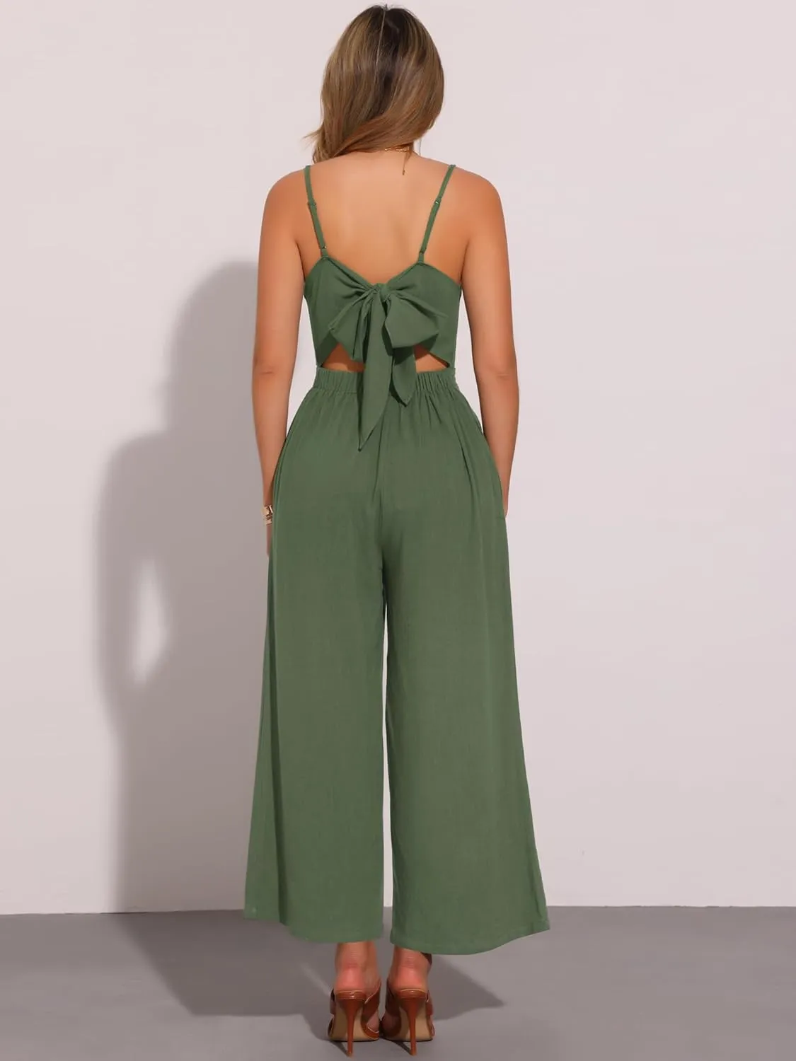 Allegra K Linen Jumpsuits for Women's Casual Spaghetti Strap Sleeveless Wide Legs Rompers