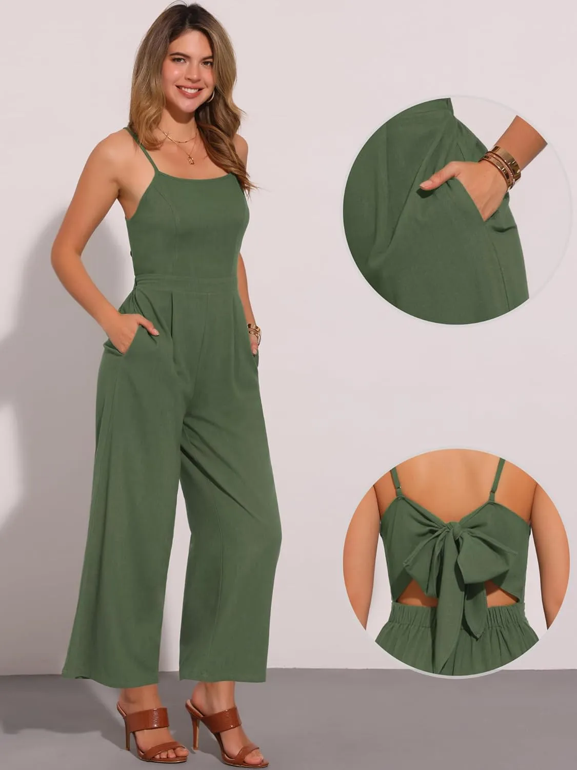 Allegra K Linen Jumpsuits for Women's Casual Spaghetti Strap Sleeveless Wide Legs Rompers