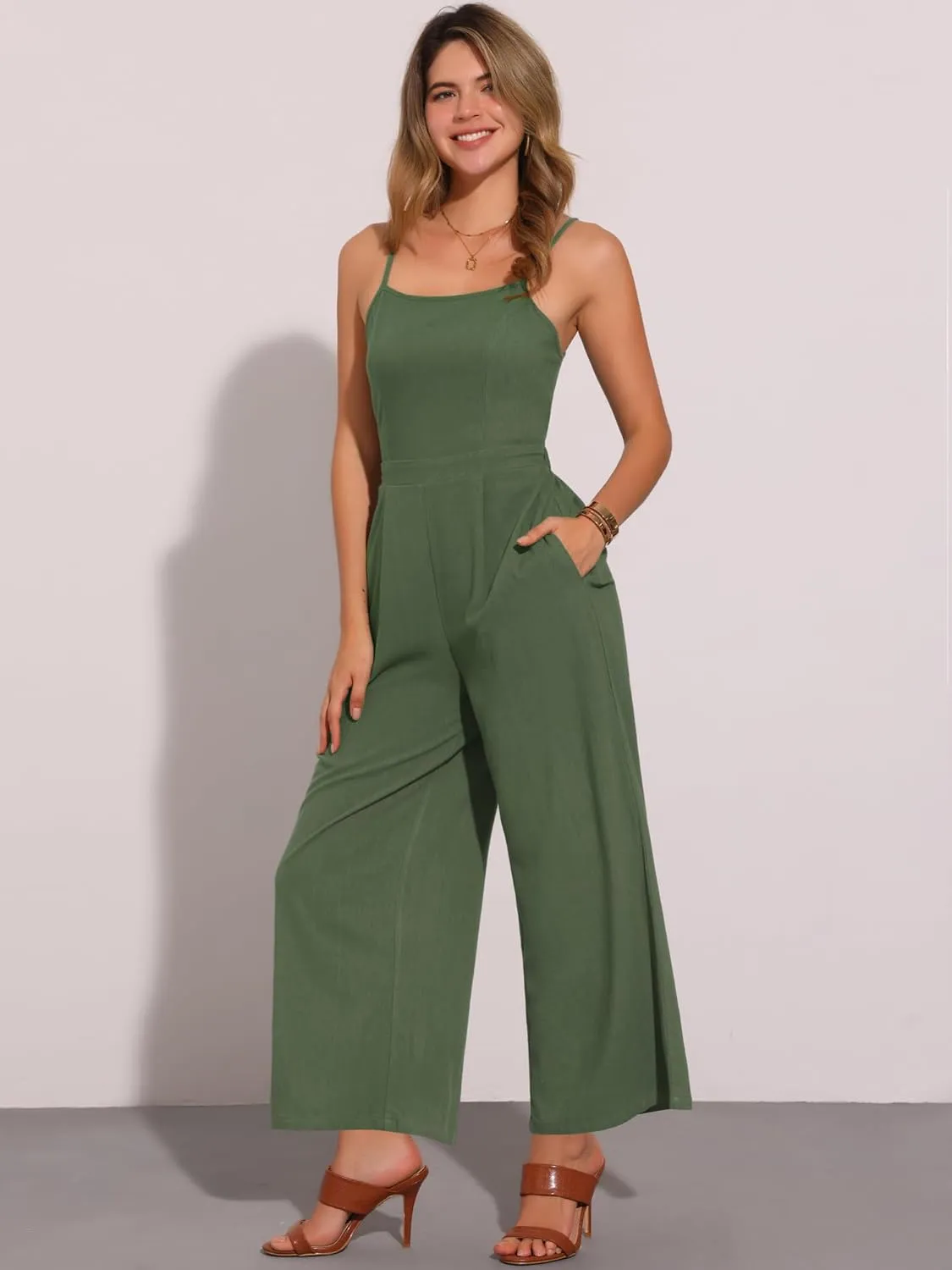 Allegra K Linen Jumpsuits for Women's Casual Spaghetti Strap Sleeveless Wide Legs Rompers