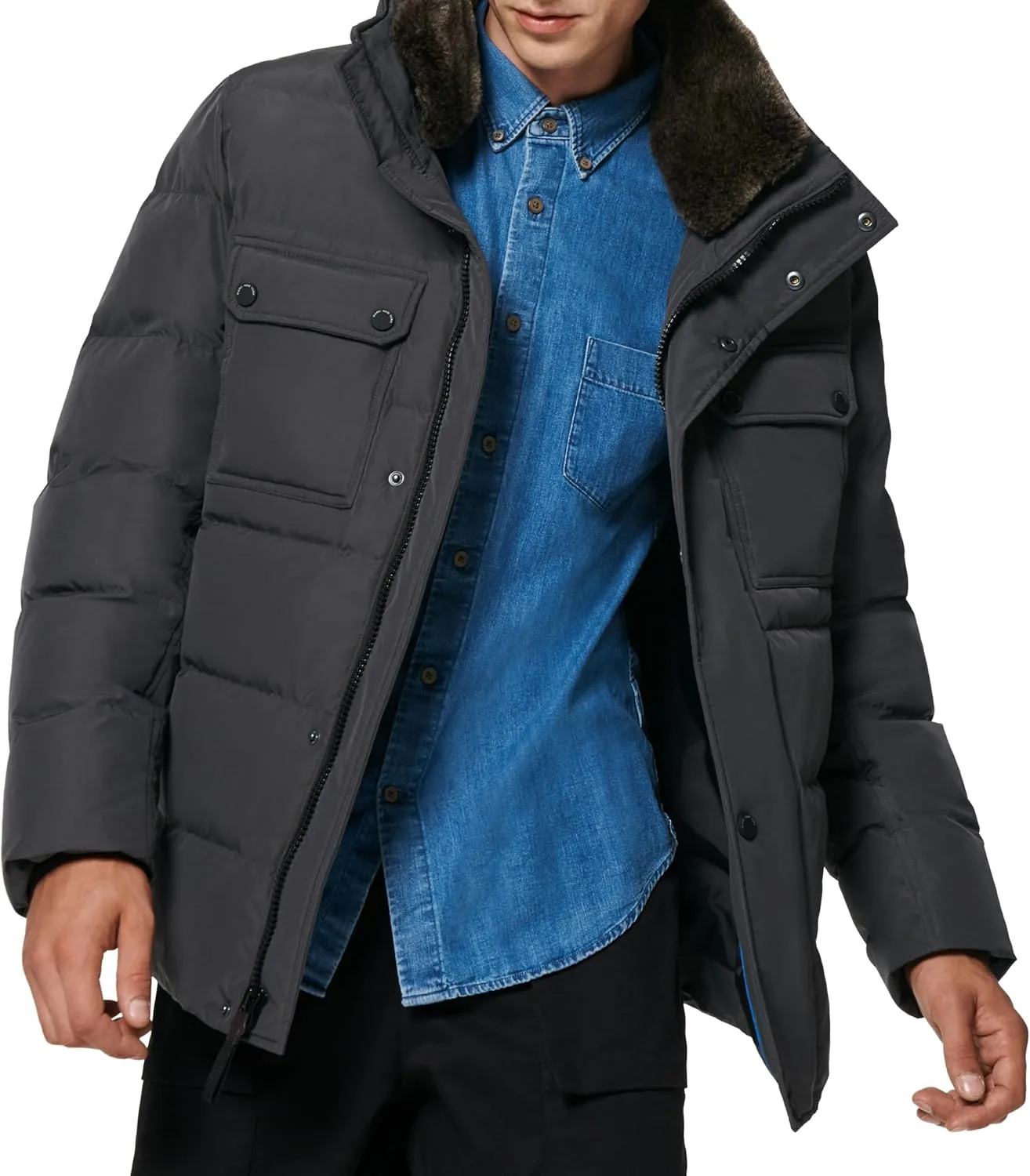 Andrew Marc Men's Short Water Resistant Godwin Down Jacket Rib Knit at Storm Cuffs