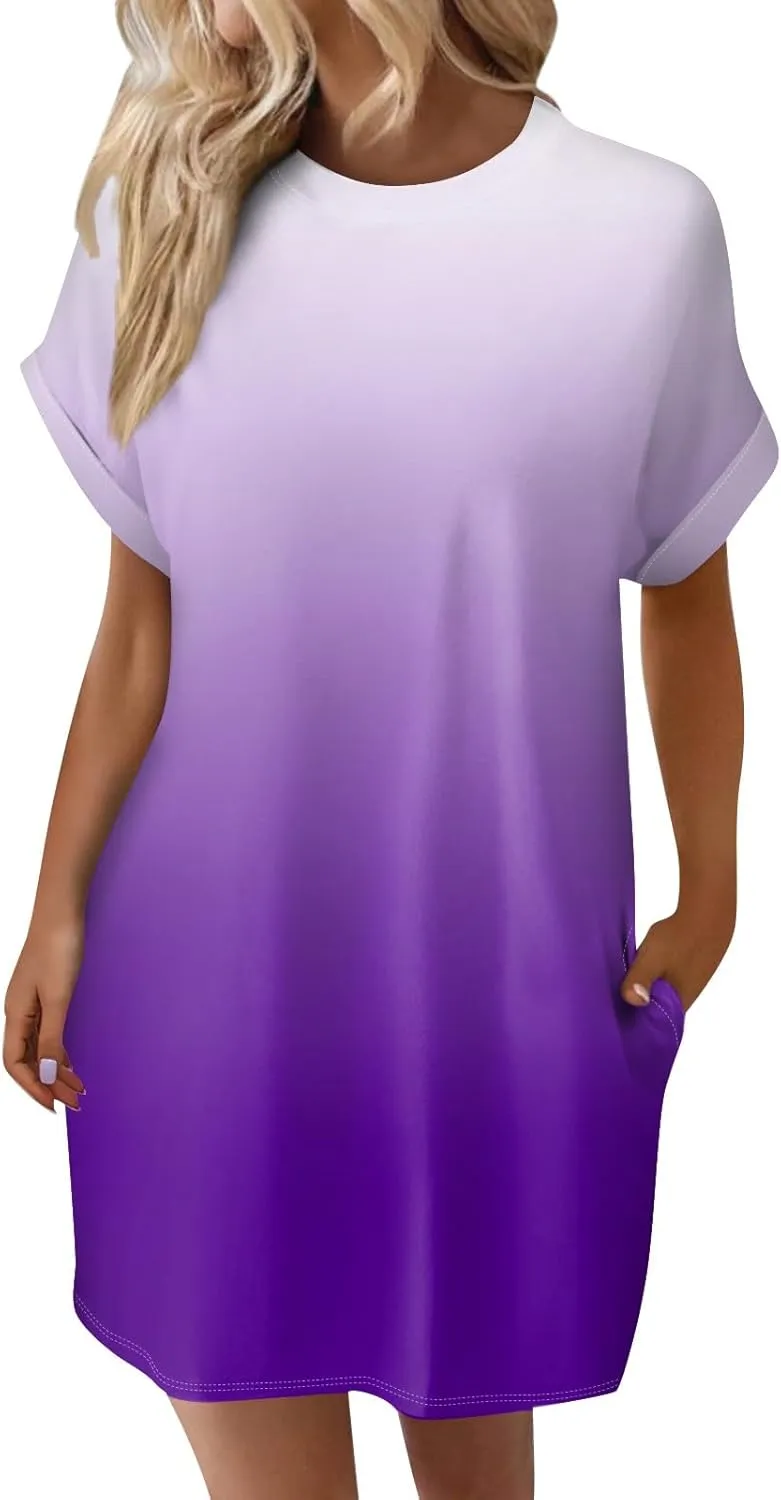 Aryapyper Women T Shirt Dress Summer Fashion Mini Dresses Crew Neck Short Sleeve Dress Solid Print Casual Dresses with Pocket