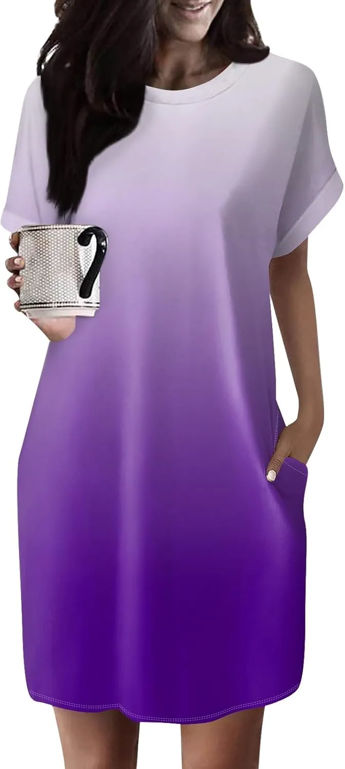 Aryapyper Women T Shirt Dress Summer Fashion Mini Dresses Crew Neck Short Sleeve Dress Solid Print Casual Dresses with Pocket