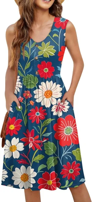 Azeralia Women's Summer Boho Sleeveless V-Neck Tank Dresses Casual Loose Flowy Midi Dress Beach Party Sundress
