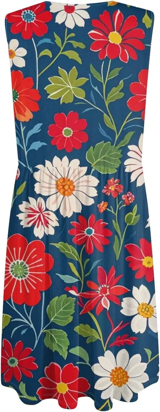 Azeralia Women's Summer Boho Sleeveless V-Neck Tank Dresses Casual Loose Flowy Midi Dress Beach Party Sundress