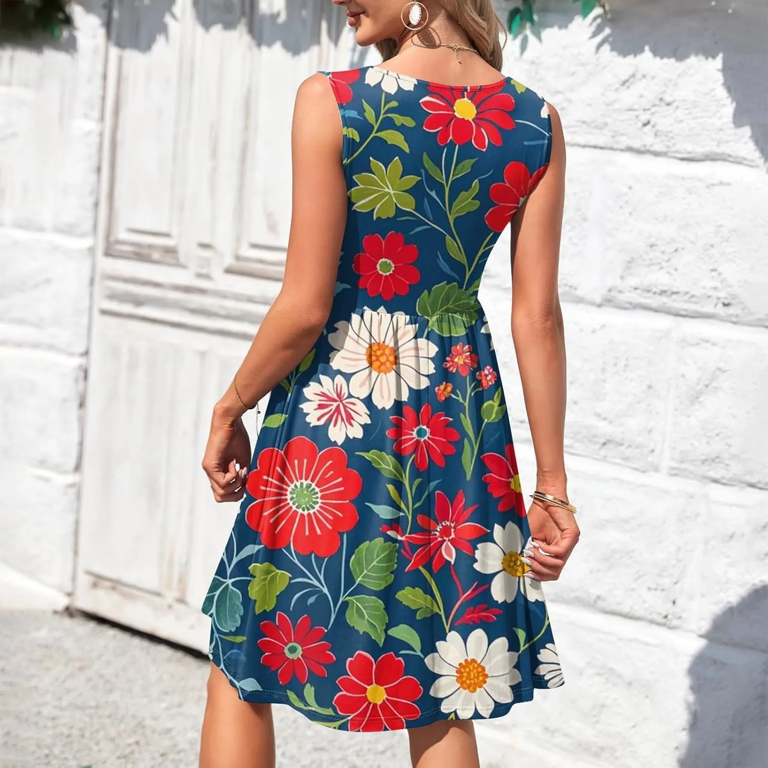 Azeralia Women's Summer Boho Sleeveless V-Neck Tank Dresses Casual Loose Flowy Midi Dress Beach Party Sundress
