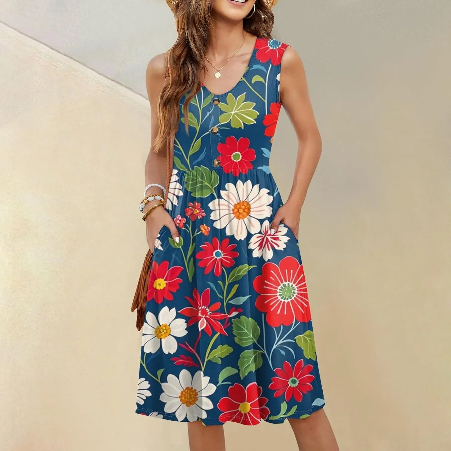 Azeralia Women's Summer Boho Sleeveless V-Neck Tank Dresses Casual Loose Flowy Midi Dress Beach Party Sundress
