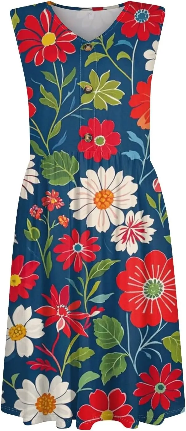 Azeralia Women's Summer Boho Sleeveless V-Neck Tank Dresses Casual Loose Flowy Midi Dress Beach Party Sundress