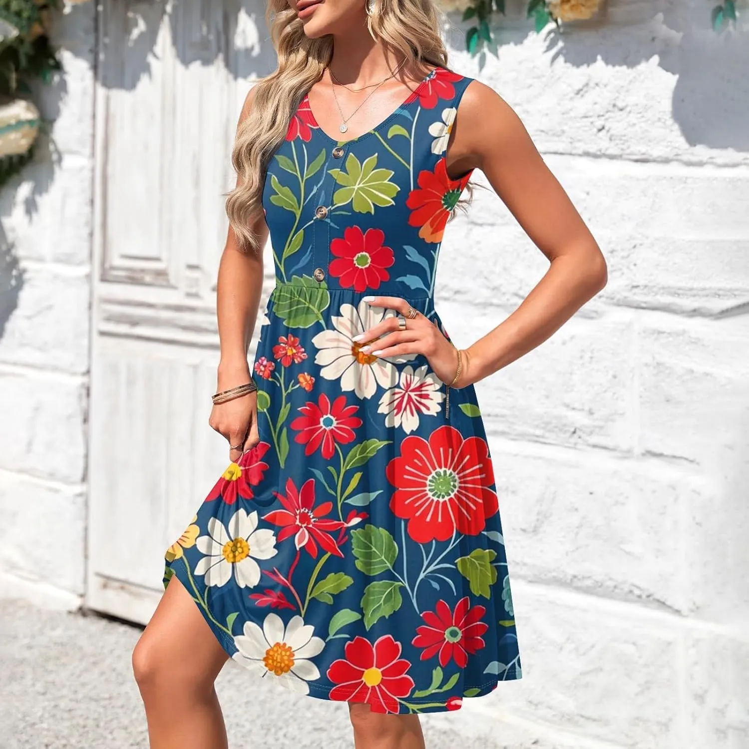 Azeralia Women's Summer Boho Sleeveless V-Neck Tank Dresses Casual Loose Flowy Midi Dress Beach Party Sundress