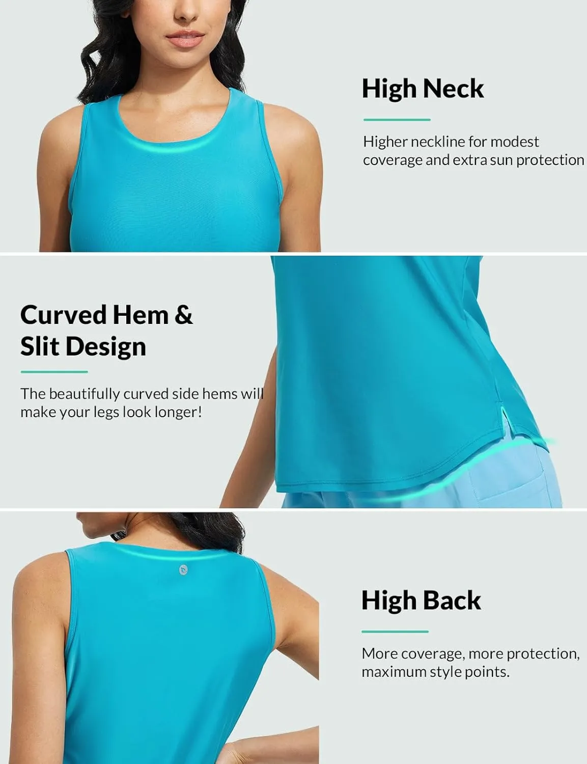 baleaf Tankini Tops for Women High Neck Swim Top Modest Bathing Suit Top Long Swim Tank Top