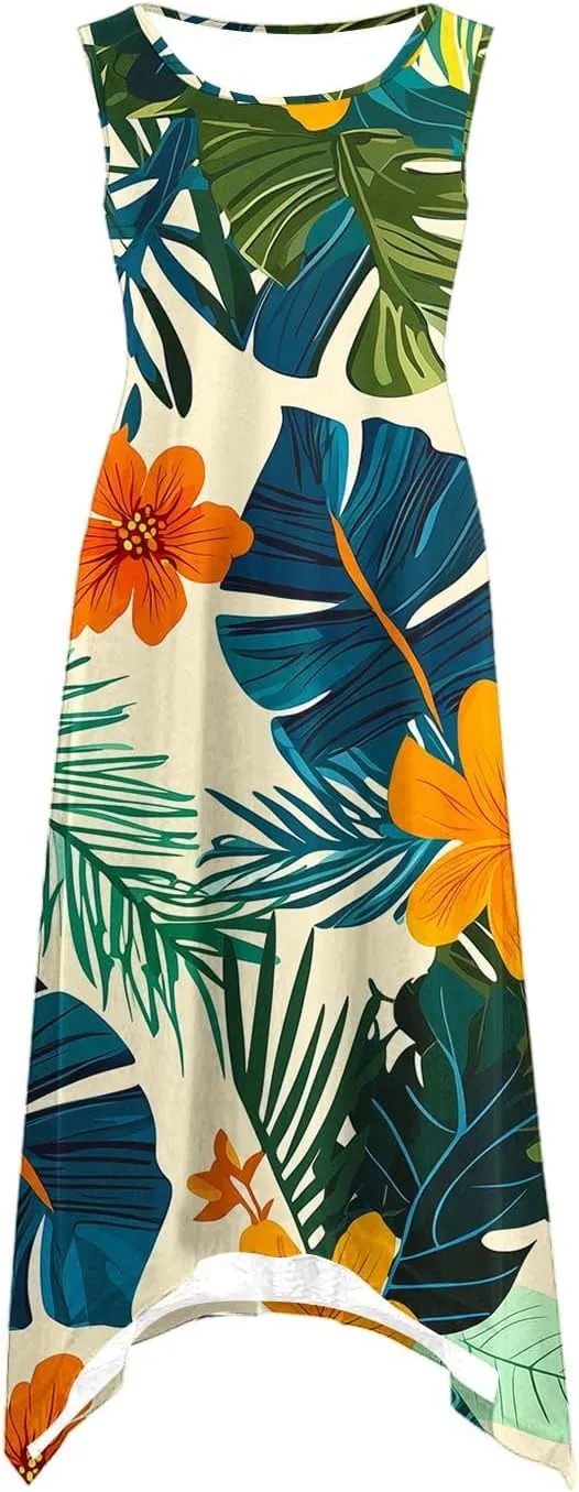 Beach Dresses for Women 2025 Vacation Swing Boho Floral Sundress Flowy Sleeveless Tank Casual Midi Dress Fashion