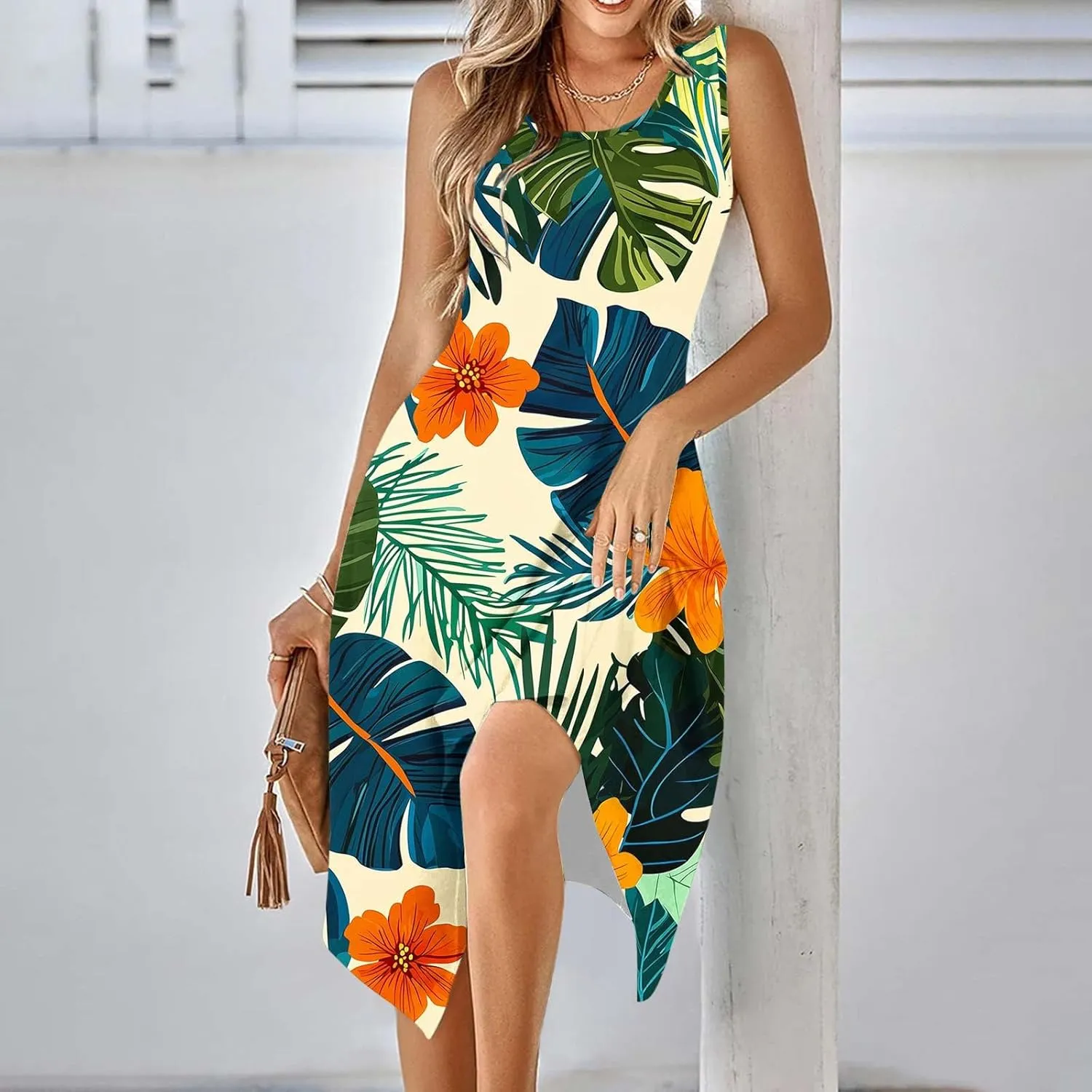 Beach Dresses for Women 2025 Vacation Swing Boho Floral Sundress Flowy Sleeveless Tank Casual Midi Dress Fashion