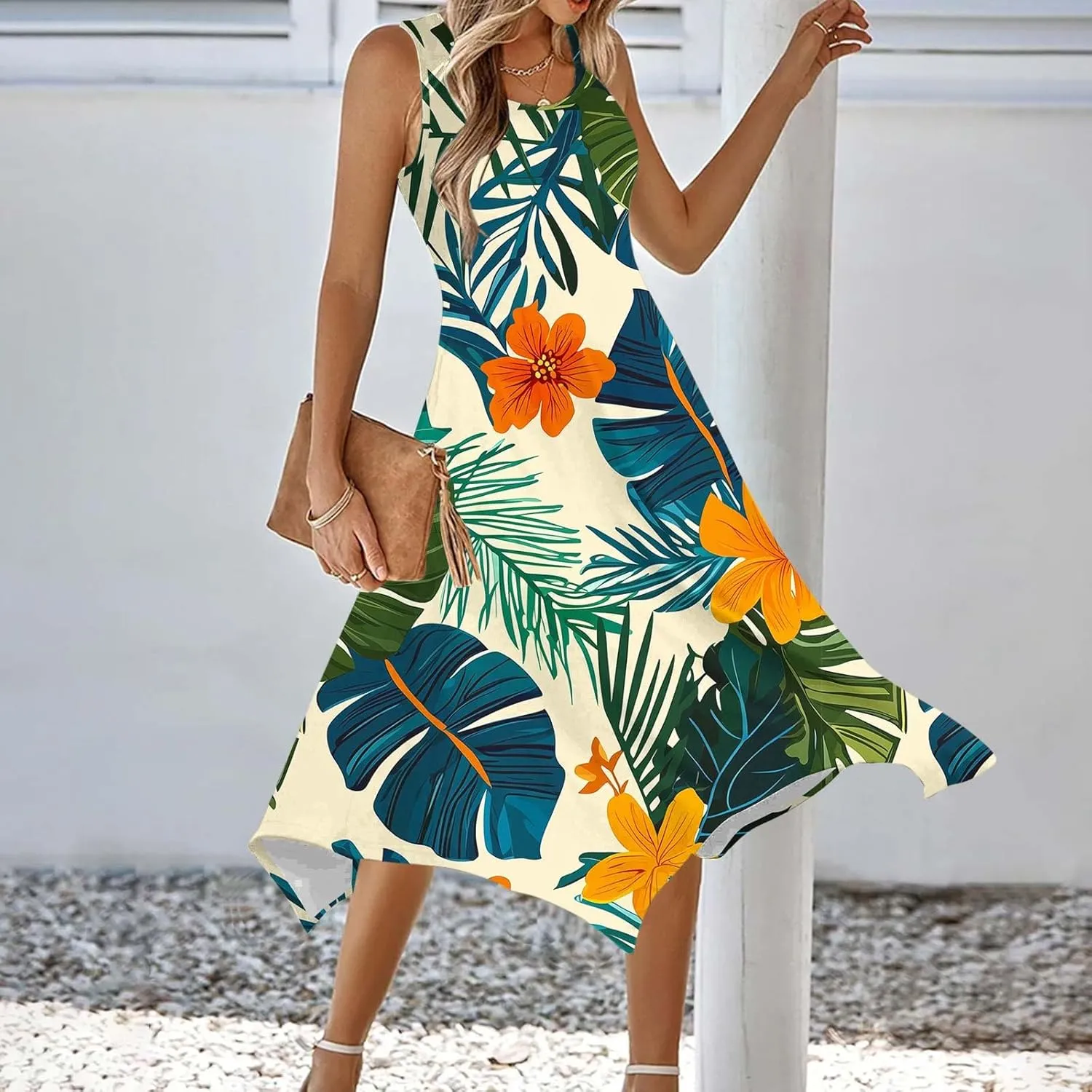 Beach Dresses for Women 2025 Vacation Swing Boho Floral Sundress Flowy Sleeveless Tank Casual Midi Dress Fashion