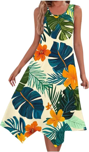 Beach Dresses for Women 2025 Vacation Swing Boho Floral Sundress Flowy Sleeveless Tank Casual Midi Dress Fashion