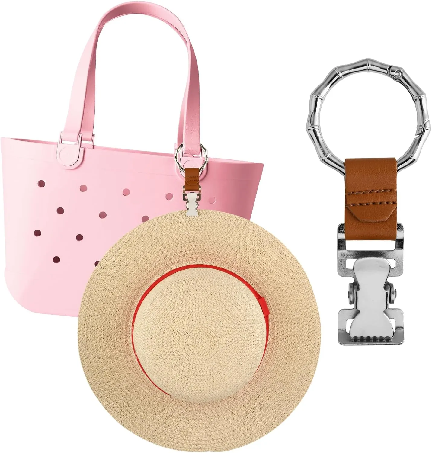 Beautyflier Hat Clip for Bogg Bag, Sun Hat Clip Holder for Travel on Bag, Hands Free Purse Luggage Backpack Tote Clip Holder for Sun Wide Brim Hats, Travel Bag Accessories (Bamboo Circle)