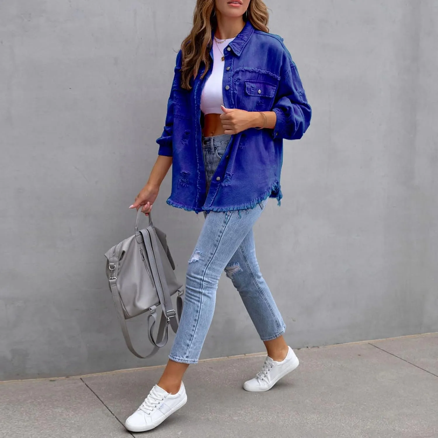 Beeuthios Womens Jean Jackets Trendy Classic Lapel Button Down Up Distressed Ripped Trucker Coats Denim Jackets
