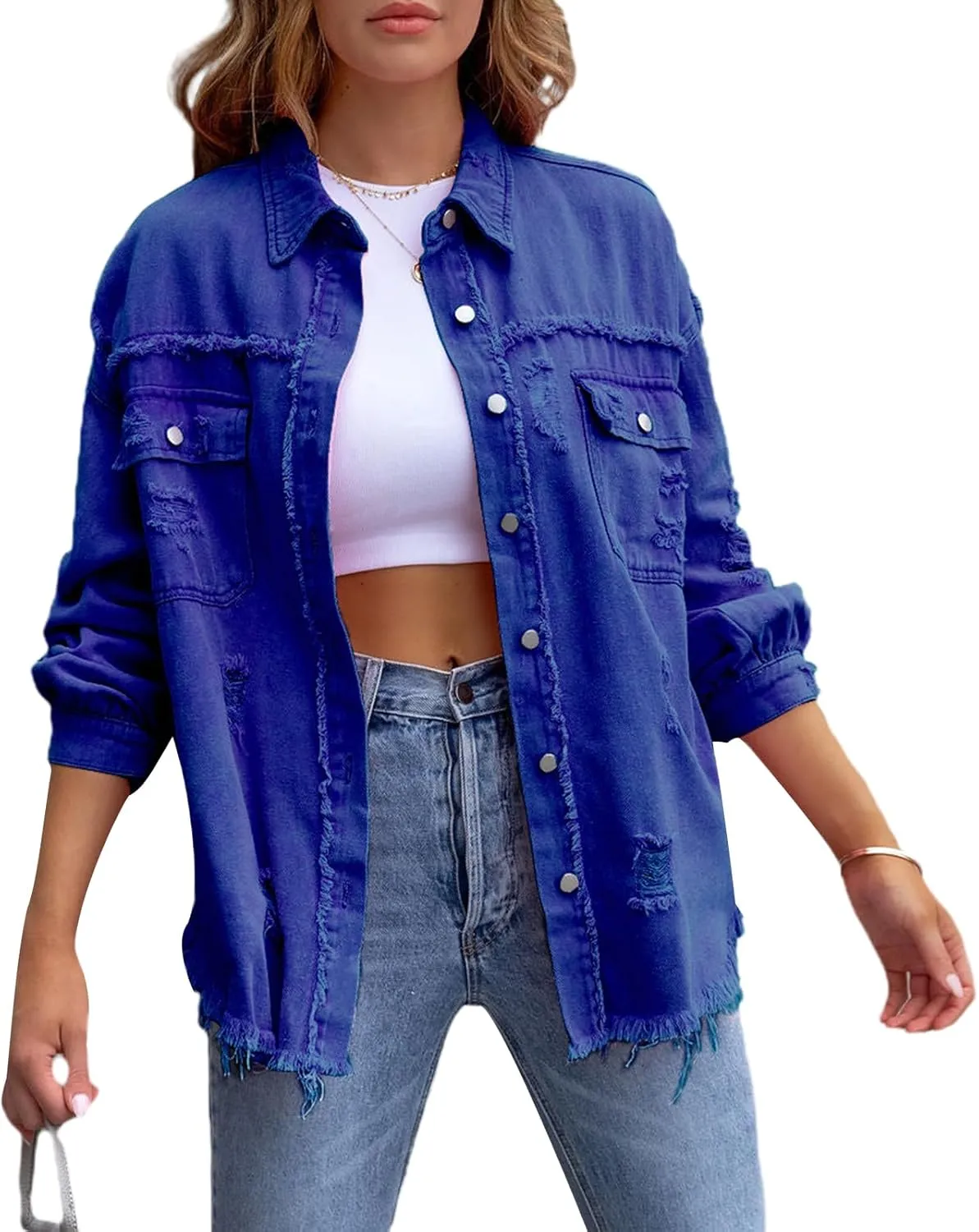 Beeuthios Womens Jean Jackets Trendy Classic Lapel Button Down Up Distressed Ripped Trucker Coats Denim Jackets