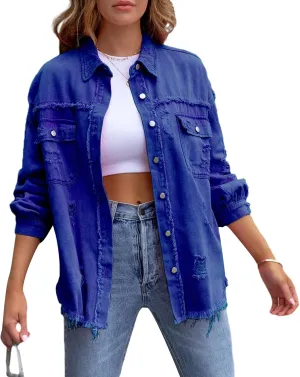 Beeuthios Womens Jean Jackets Trendy Classic Lapel Button Down Up Distressed Ripped Trucker Coats Denim Jackets