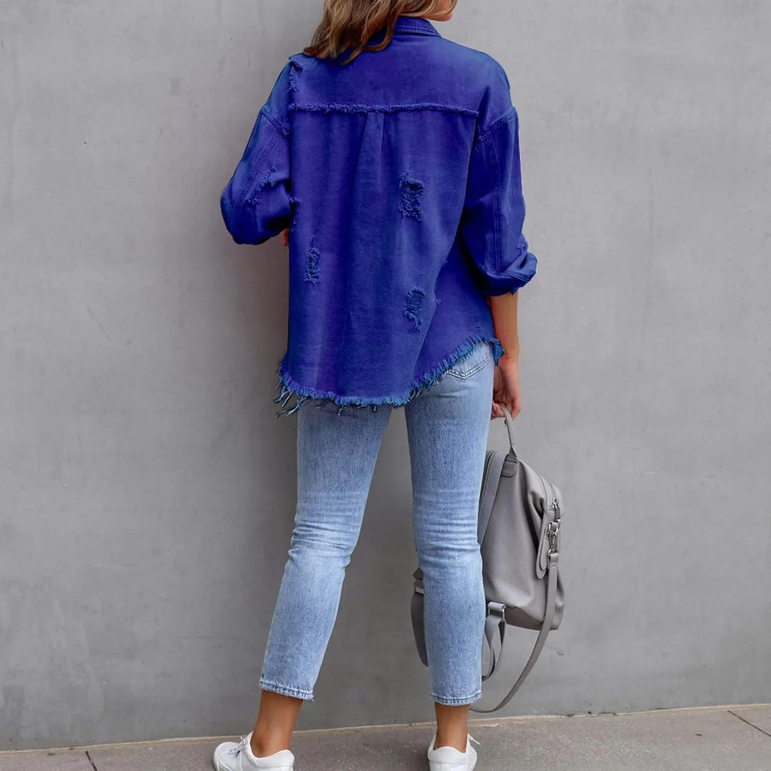 Beeuthios Womens Jean Jackets Trendy Classic Lapel Button Down Up Distressed Ripped Trucker Coats Denim Jackets
