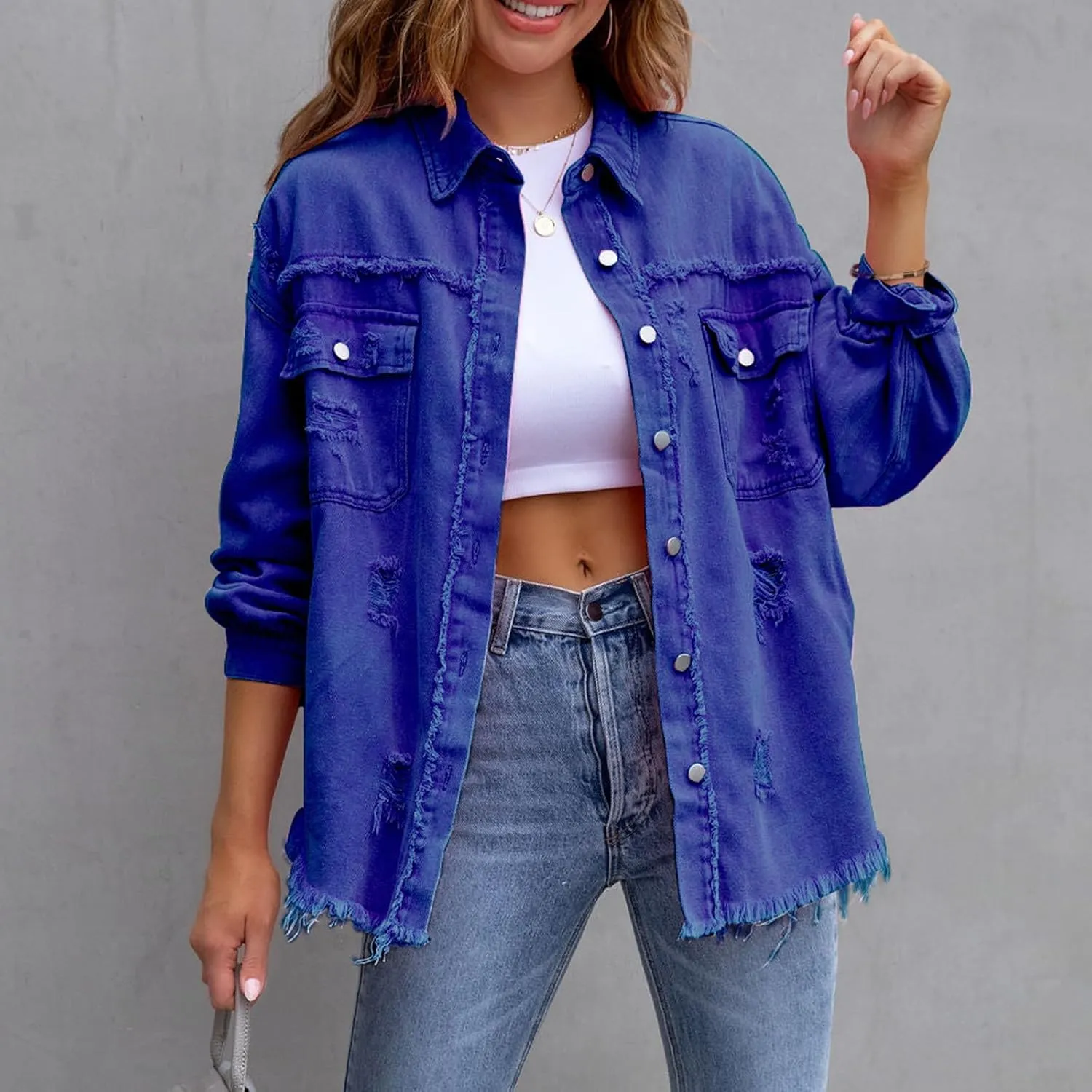 Beeuthios Womens Jean Jackets Trendy Classic Lapel Button Down Up Distressed Ripped Trucker Coats Denim Jackets