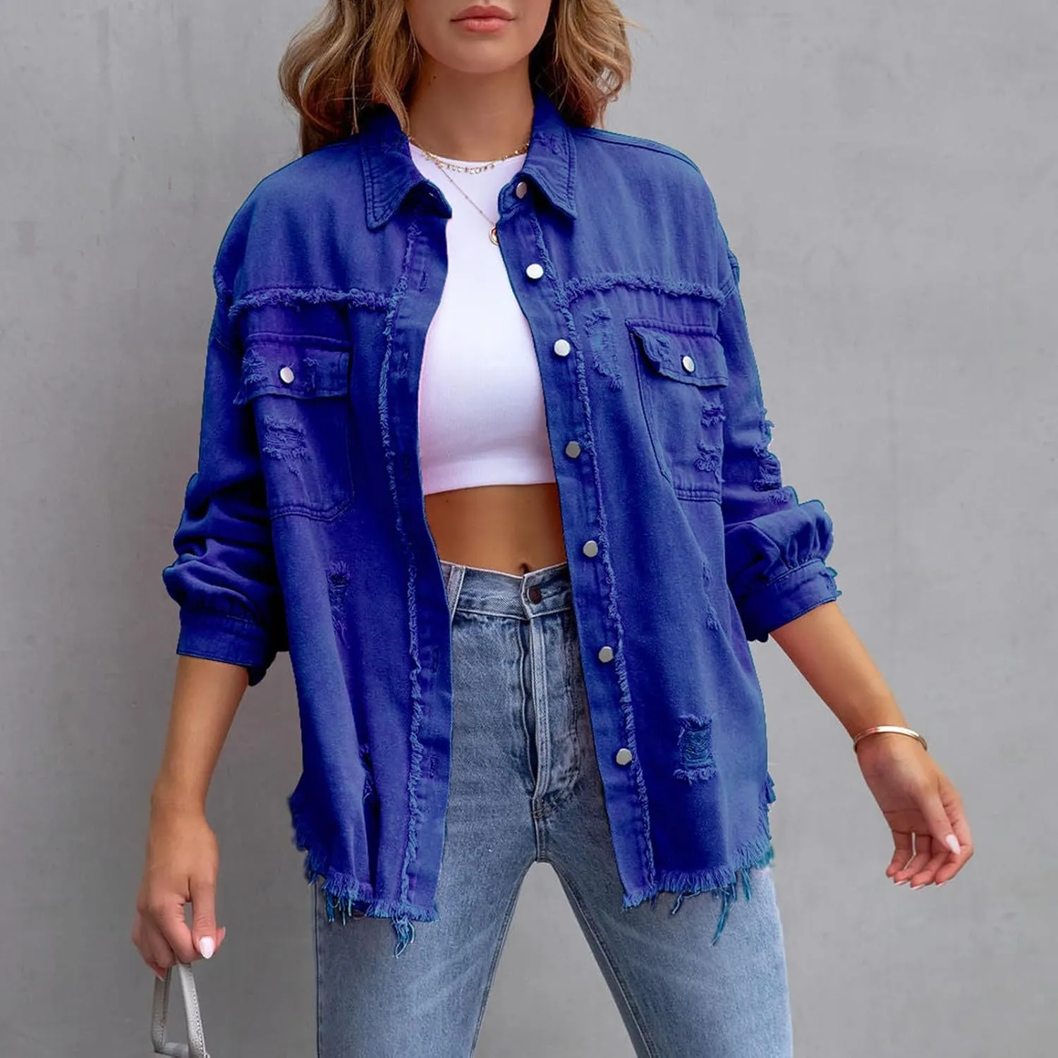 Beeuthios Womens Jean Jackets Trendy Classic Lapel Button Down Up Distressed Ripped Trucker Coats Denim Jackets