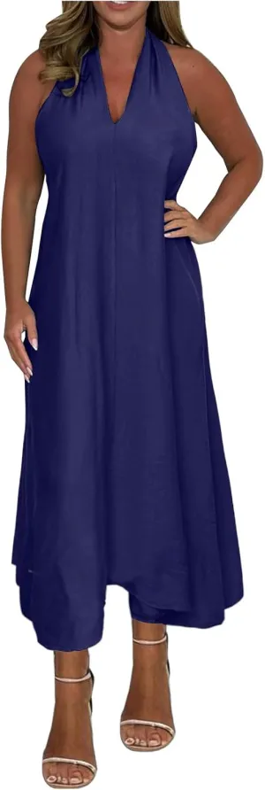 Black Wedding Guest Dress Sexy Deep V-Neck Halter Maxi Dresses Casaul Loose Fit Summer Beach Boho Sundress