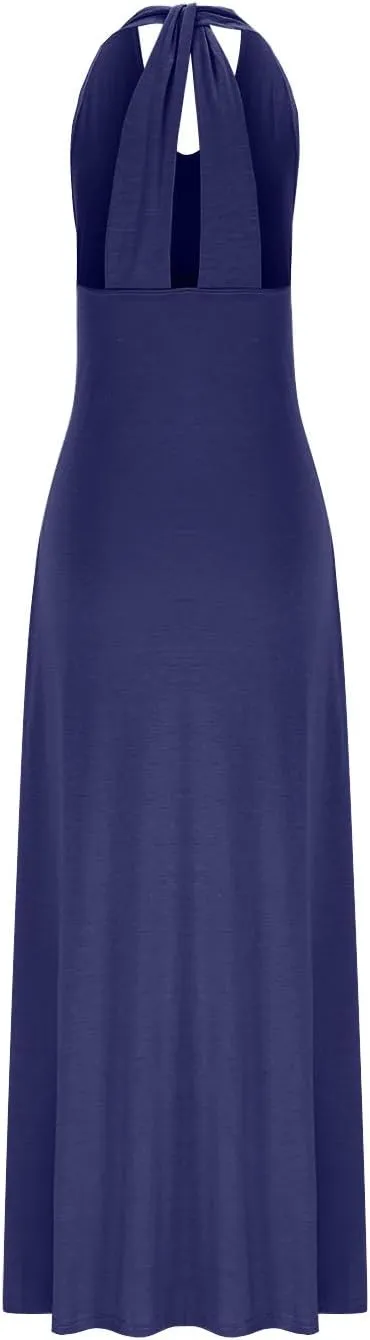 Black Wedding Guest Dress Sexy Deep V-Neck Halter Maxi Dresses Casaul Loose Fit Summer Beach Boho Sundress