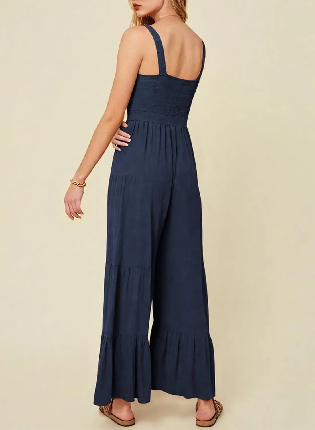 BLENCOT Jumpsuits for Women Summer Casual Loose Sleeveless Overalls Jumpsuit Ruffle Wide Leg Long Flare Pant Flowy Rompers
