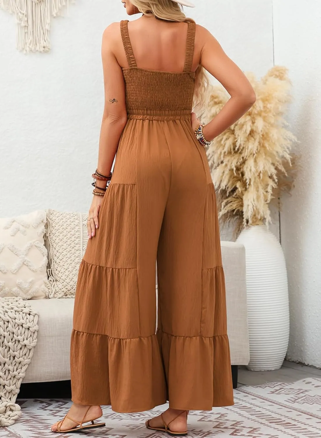 BLENCOT Jumpsuits for Women Summer Casual Loose Sleeveless Overalls Jumpsuit Ruffle Wide Leg Long Flare Pant Flowy Rompers