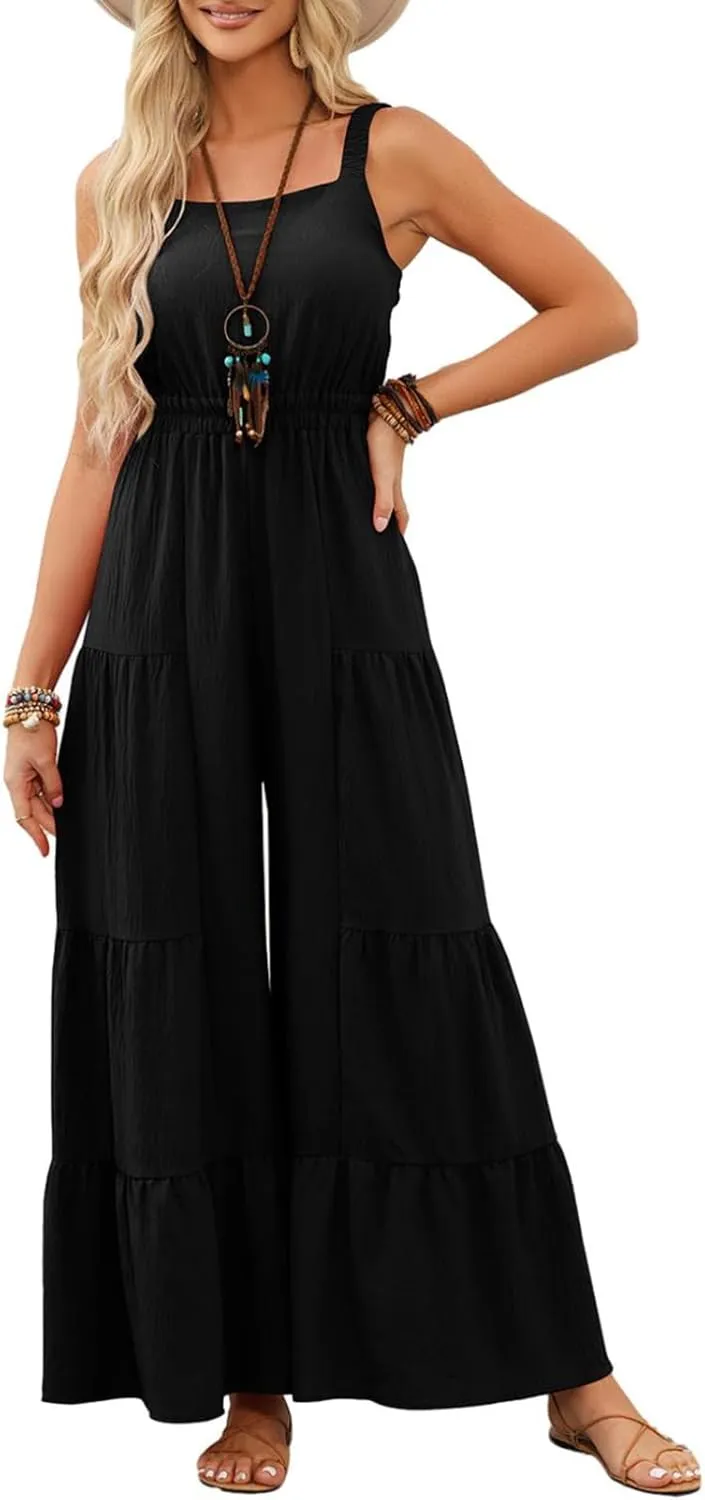 BLENCOT Jumpsuits for Women Summer Casual Loose Sleeveless Overalls Jumpsuit Ruffle Wide Leg Long Flare Pant Flowy Rompers