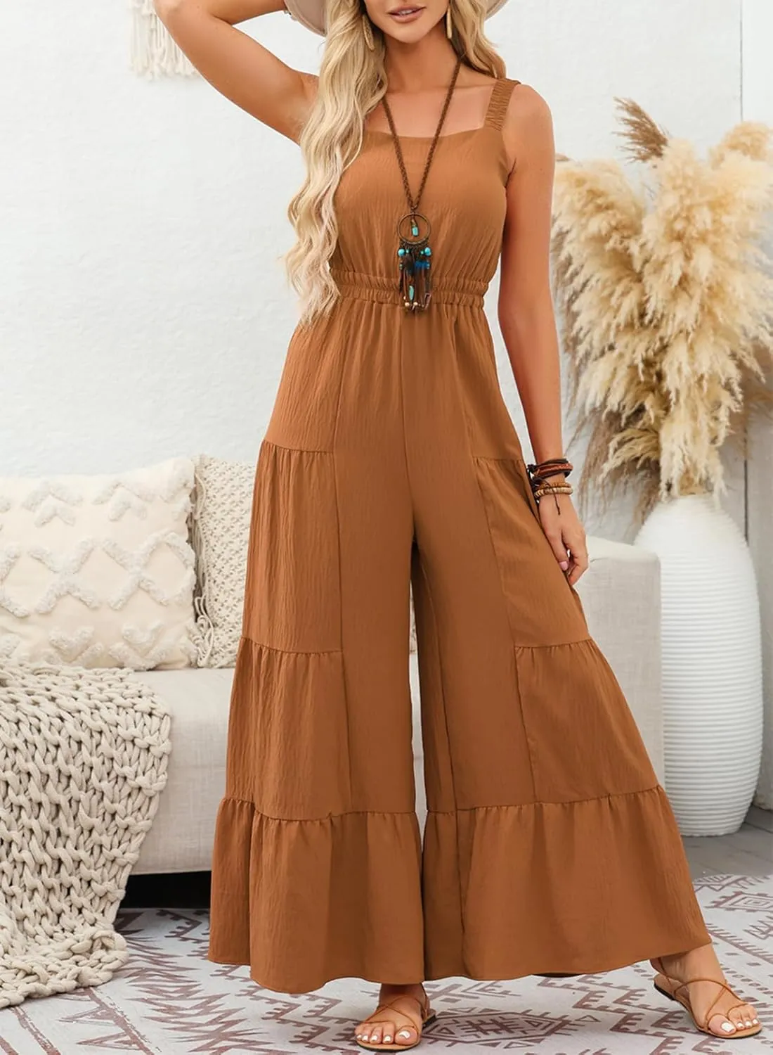 BLENCOT Jumpsuits for Women Summer Casual Loose Sleeveless Overalls Jumpsuit Ruffle Wide Leg Long Flare Pant Flowy Rompers