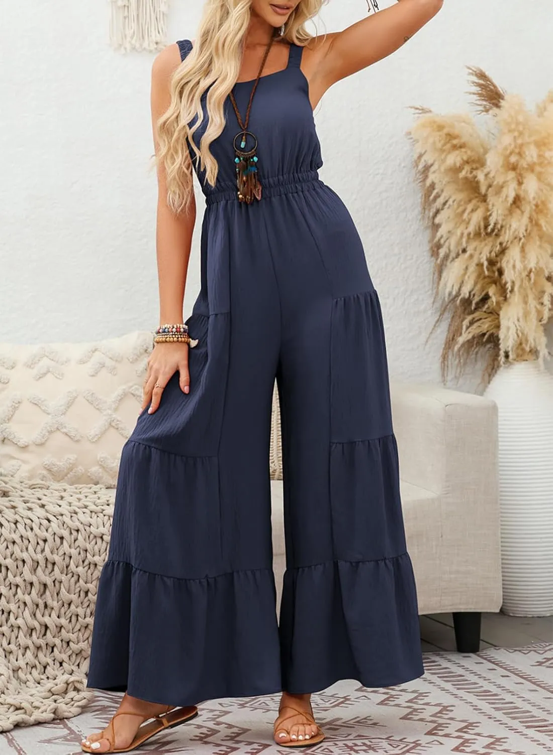 BLENCOT Jumpsuits for Women Summer Casual Loose Sleeveless Overalls Jumpsuit Ruffle Wide Leg Long Flare Pant Flowy Rompers