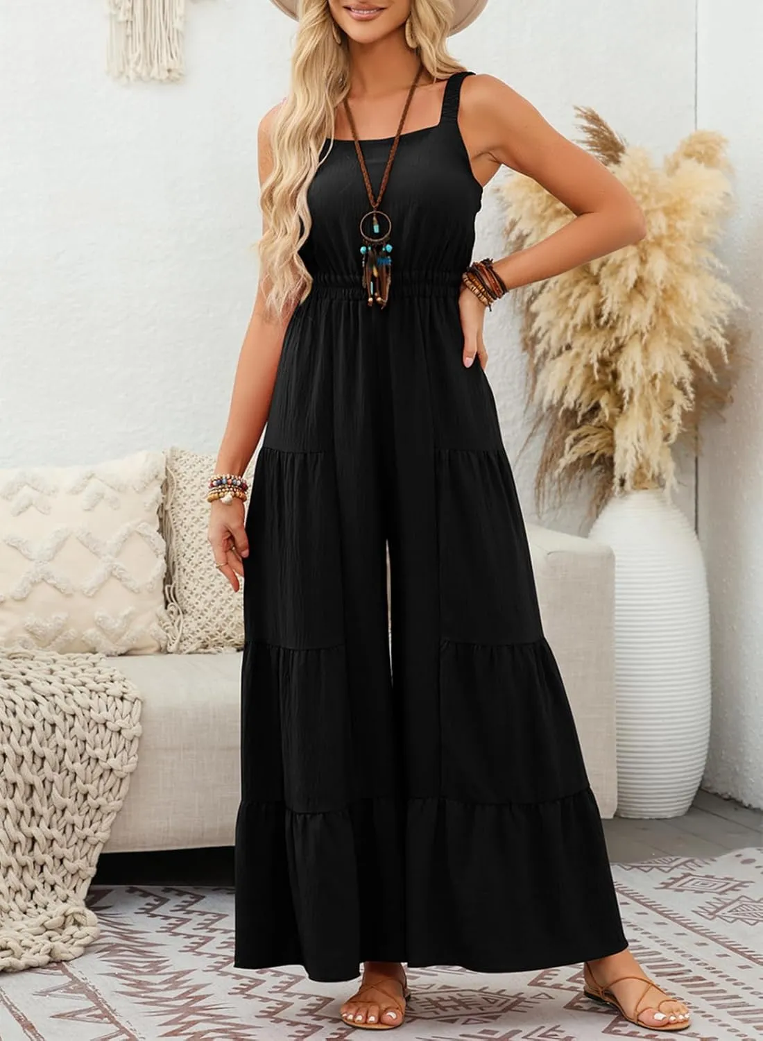 BLENCOT Jumpsuits for Women Summer Casual Loose Sleeveless Overalls Jumpsuit Ruffle Wide Leg Long Flare Pant Flowy Rompers