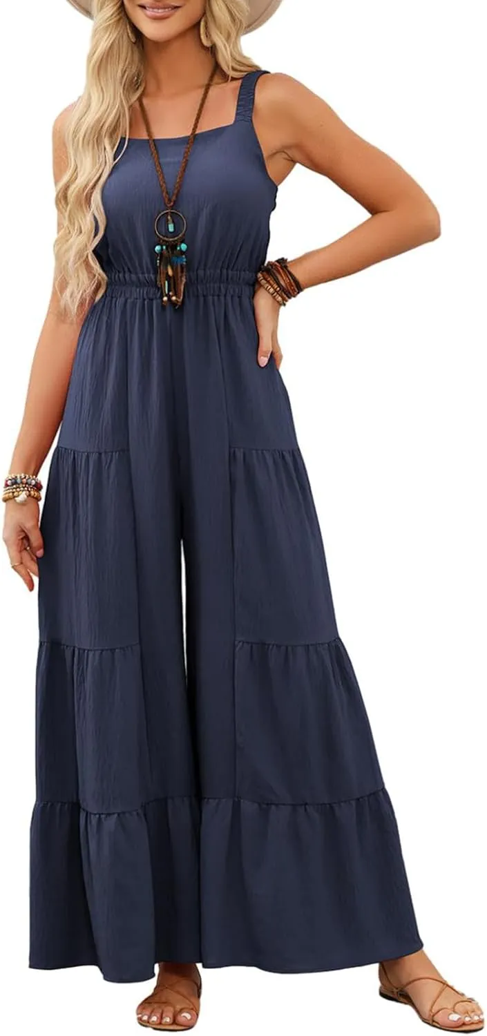 BLENCOT Jumpsuits for Women Summer Casual Loose Sleeveless Overalls Jumpsuit Ruffle Wide Leg Long Flare Pant Flowy Rompers