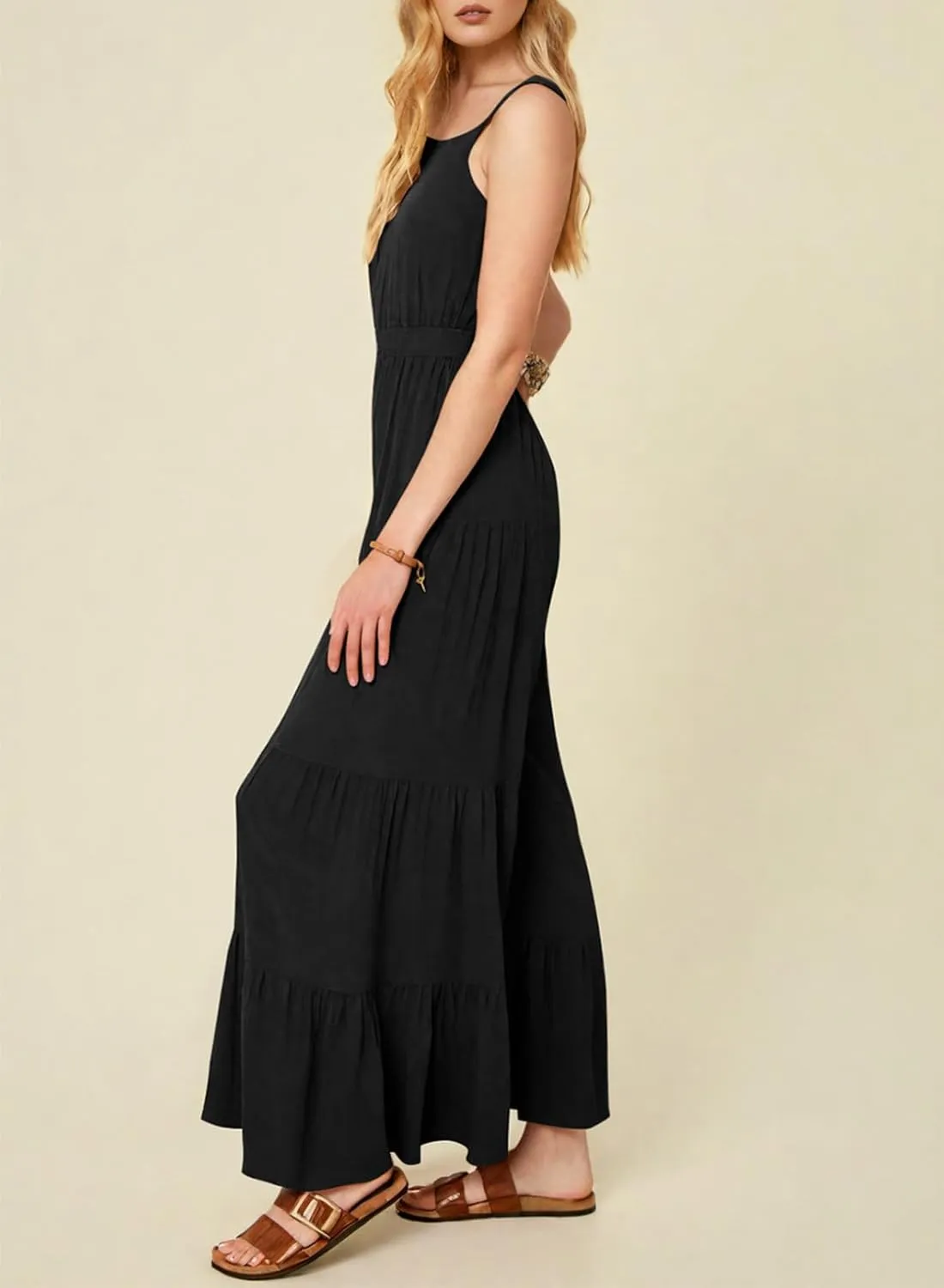 BLENCOT Jumpsuits for Women Summer Casual Loose Sleeveless Overalls Jumpsuit Ruffle Wide Leg Long Flare Pant Flowy Rompers
