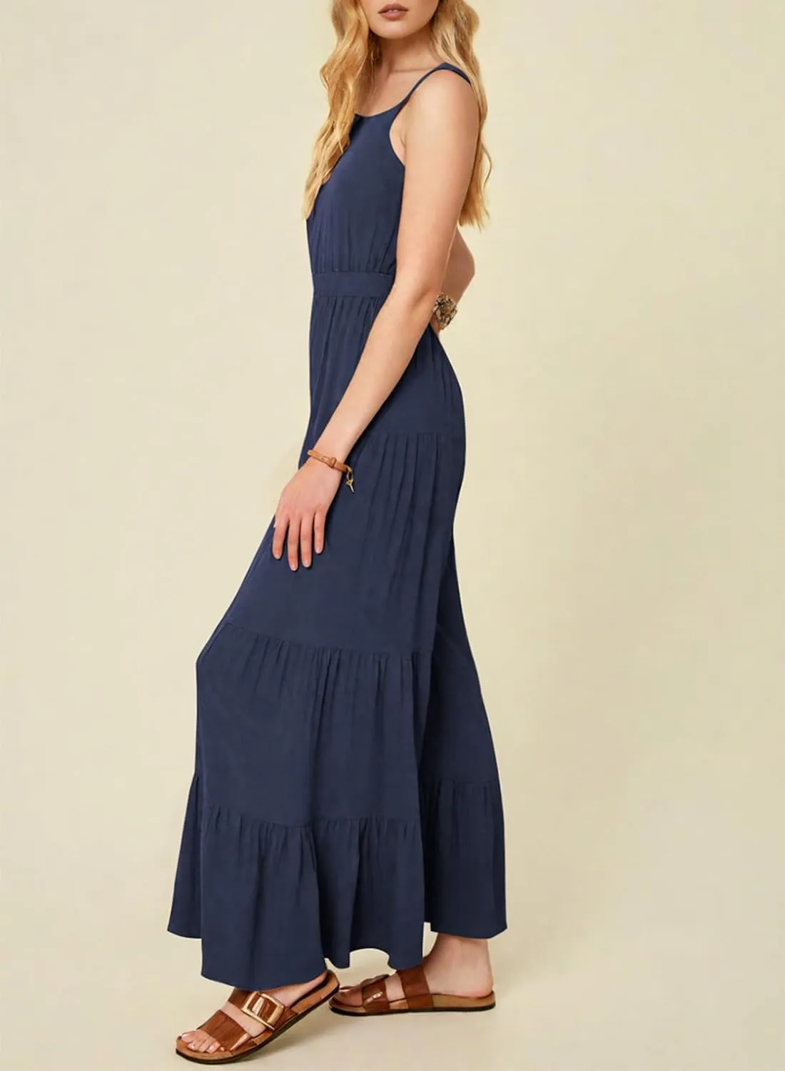 BLENCOT Jumpsuits for Women Summer Casual Loose Sleeveless Overalls Jumpsuit Ruffle Wide Leg Long Flare Pant Flowy Rompers