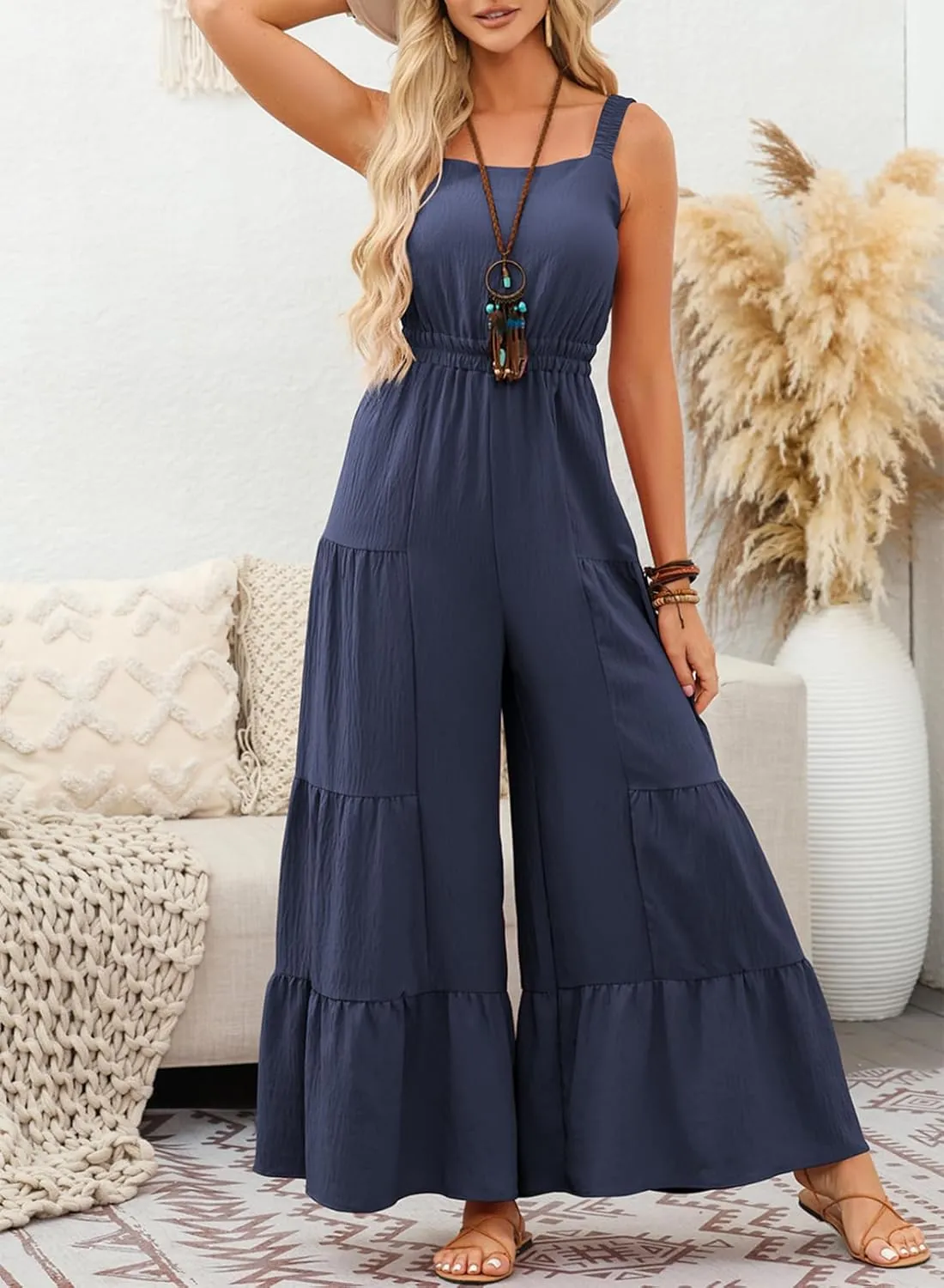 BLENCOT Jumpsuits for Women Summer Casual Loose Sleeveless Overalls Jumpsuit Ruffle Wide Leg Long Flare Pant Flowy Rompers