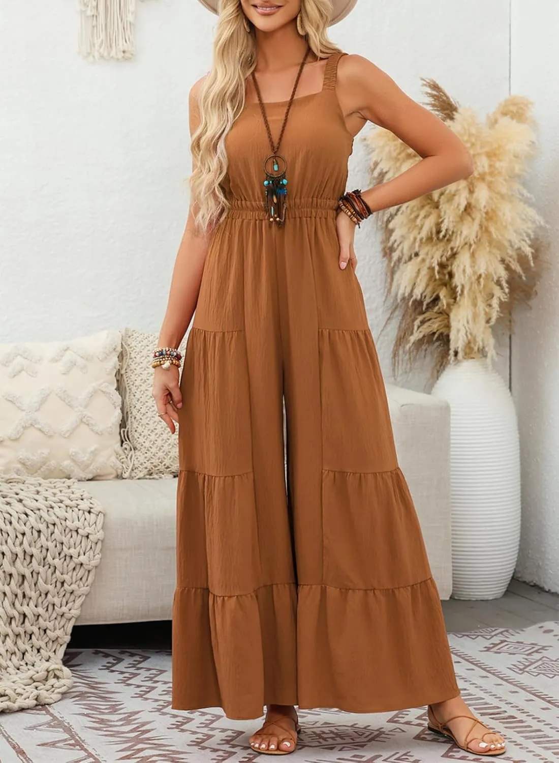 BLENCOT Jumpsuits for Women Summer Casual Loose Sleeveless Overalls Jumpsuit Ruffle Wide Leg Long Flare Pant Flowy Rompers