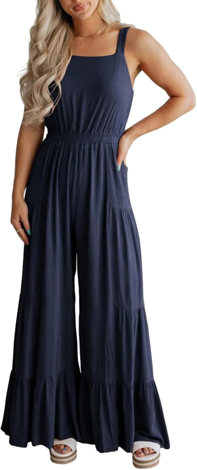 BLENCOT Jumpsuits for Women Summer Casual Loose Sleeveless Overalls Jumpsuit Ruffle Wide Leg Long Flare Pant Flowy Rompers
