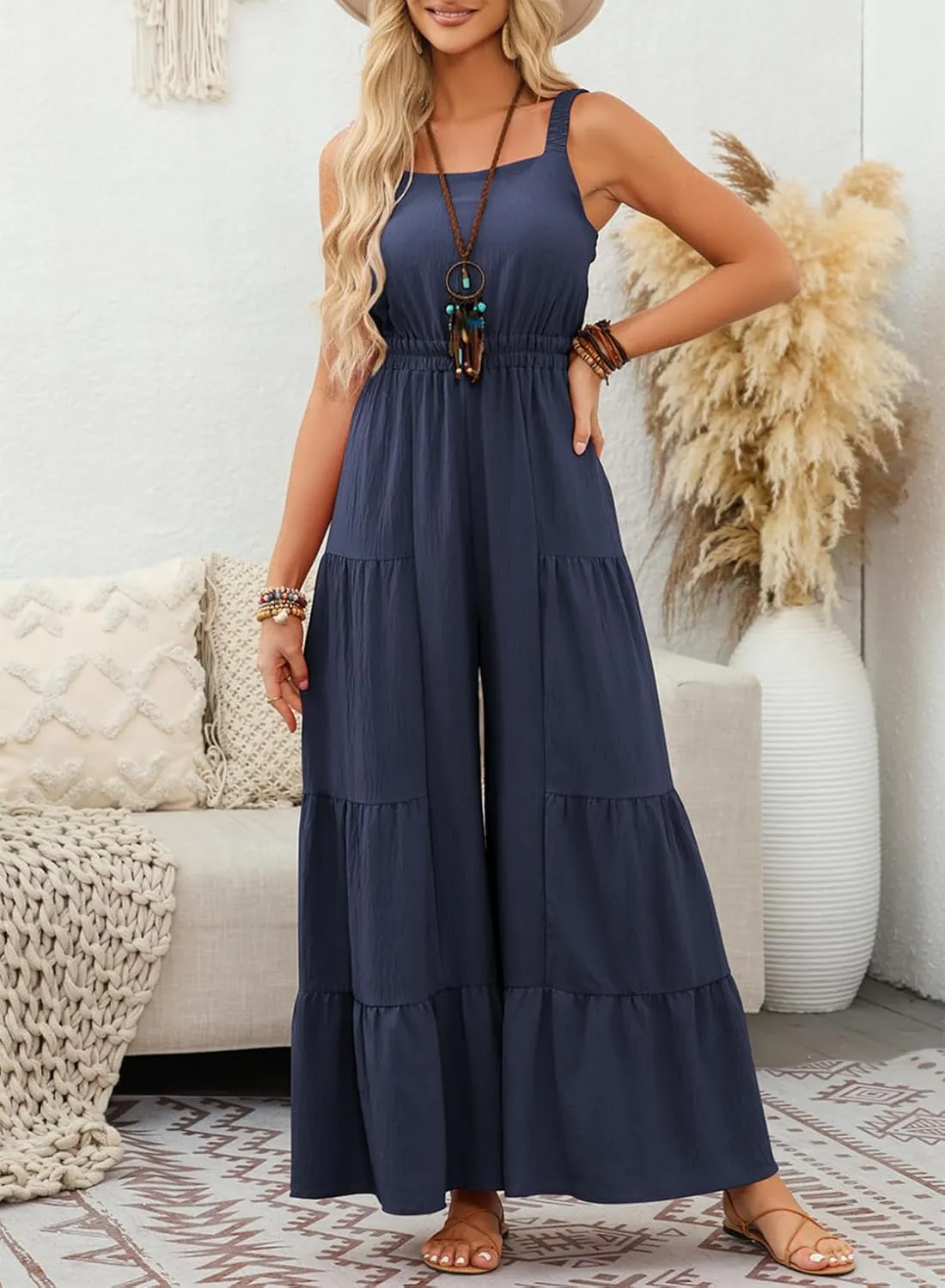 BLENCOT Jumpsuits for Women Summer Casual Loose Sleeveless Overalls Jumpsuit Ruffle Wide Leg Long Flare Pant Flowy Rompers
