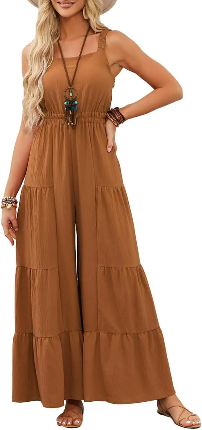 BLENCOT Jumpsuits for Women Summer Casual Loose Sleeveless Overalls Jumpsuit Ruffle Wide Leg Long Flare Pant Flowy Rompers