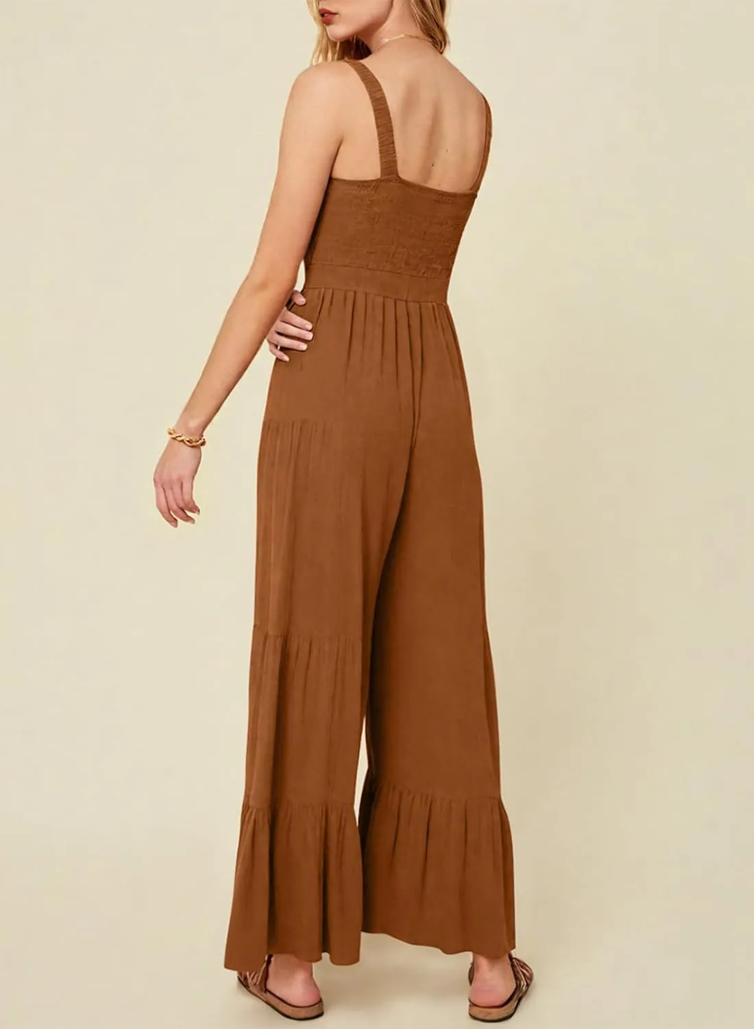 BLENCOT Jumpsuits for Women Summer Casual Loose Sleeveless Overalls Jumpsuit Ruffle Wide Leg Long Flare Pant Flowy Rompers