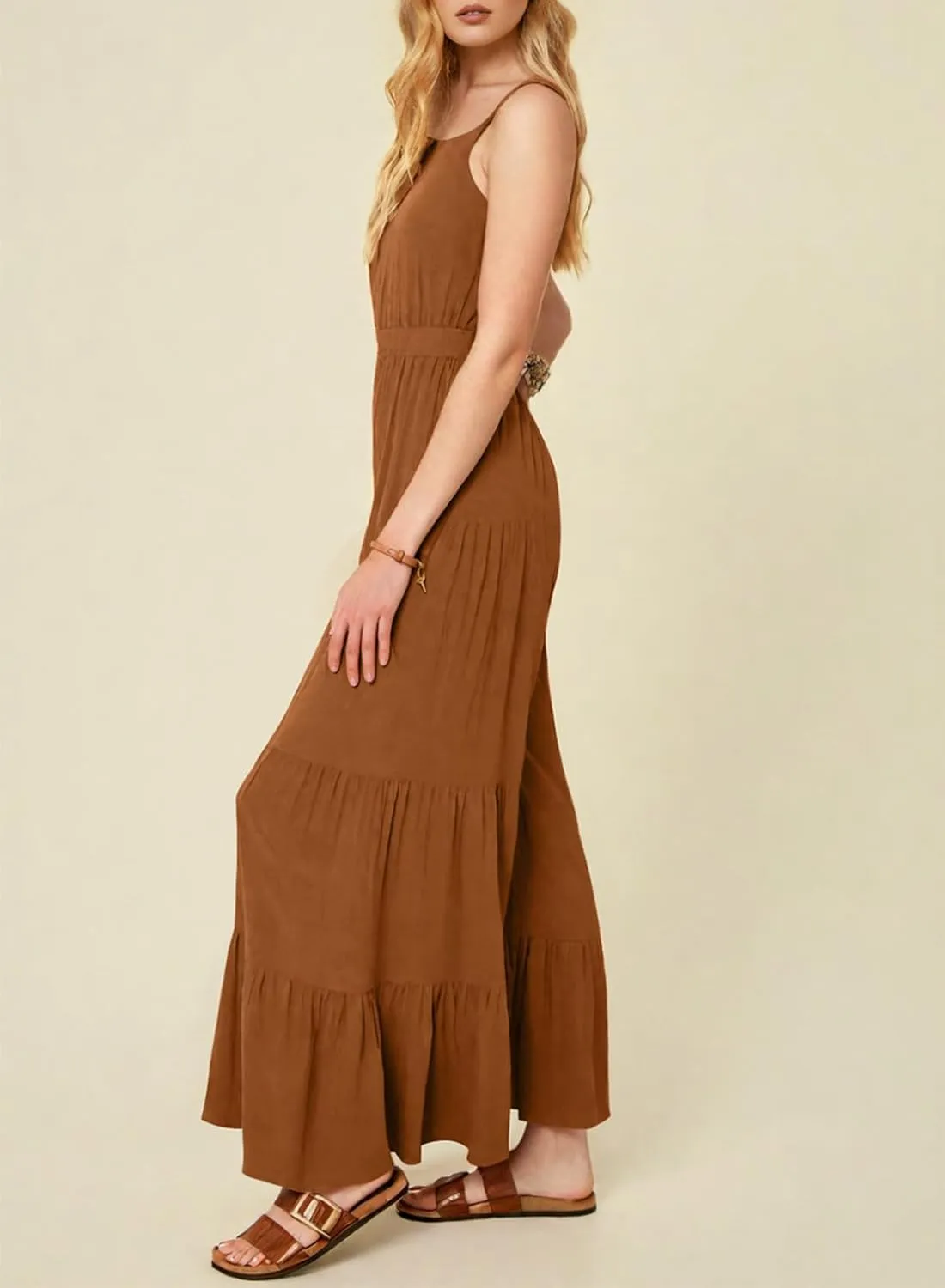 BLENCOT Jumpsuits for Women Summer Casual Loose Sleeveless Overalls Jumpsuit Ruffle Wide Leg Long Flare Pant Flowy Rompers