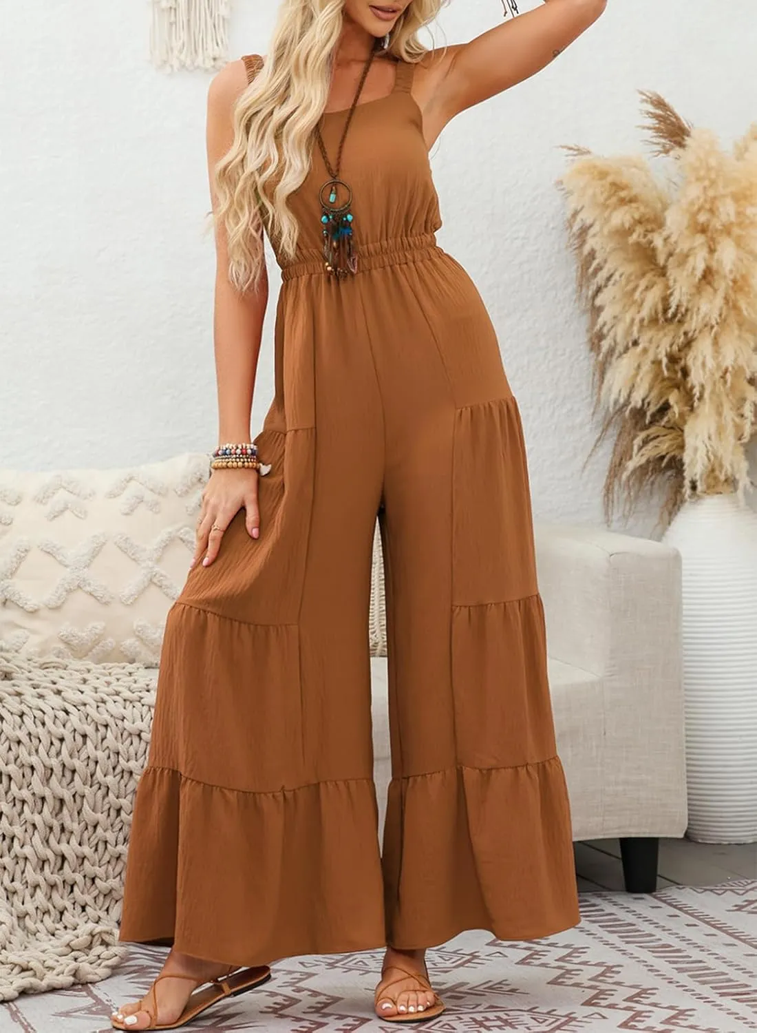 BLENCOT Jumpsuits for Women Summer Casual Loose Sleeveless Overalls Jumpsuit Ruffle Wide Leg Long Flare Pant Flowy Rompers