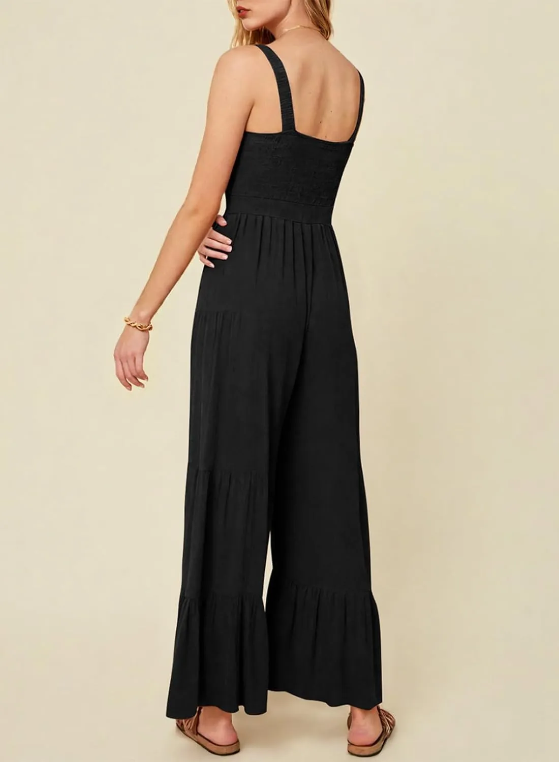BLENCOT Jumpsuits for Women Summer Casual Loose Sleeveless Overalls Jumpsuit Ruffle Wide Leg Long Flare Pant Flowy Rompers