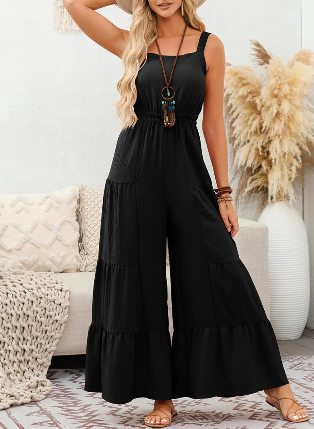 BLENCOT Jumpsuits for Women Summer Casual Loose Sleeveless Overalls Jumpsuit Ruffle Wide Leg Long Flare Pant Flowy Rompers
