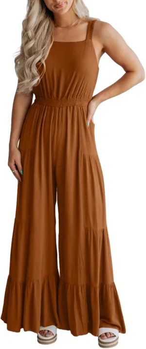 BLENCOT Jumpsuits for Women Summer Casual Loose Sleeveless Overalls Jumpsuit Ruffle Wide Leg Long Flare Pant Flowy Rompers