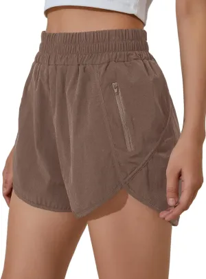 BMJL Women's Running Shorts Elastic High Waisted Shorts Pocket Sporty Workout Shorts Quick Dry Athletic Shorts Pants(M,Brown)