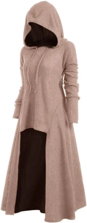 BODOAO Cloak High Low Sweater Dresses for Womens Plus Size Christmas Hooded Lace Up Patchwork Long Sleeve Long Coat Dress