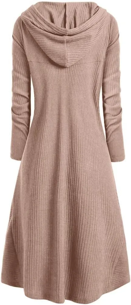 BODOAO Cloak High Low Sweater Dresses for Womens Plus Size Christmas Hooded Lace Up Patchwork Long Sleeve Long Coat Dress